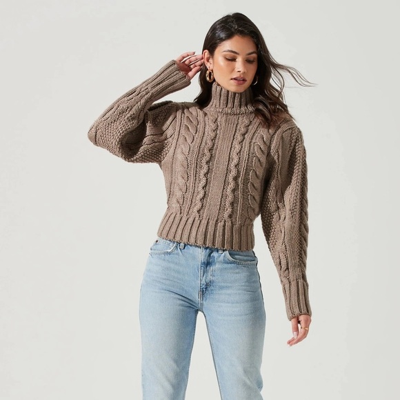 ASTR REVOLVE Taupe Brown Cable Knit Turtleneck Cropped Sweater, Size M - Picture 5 of 15